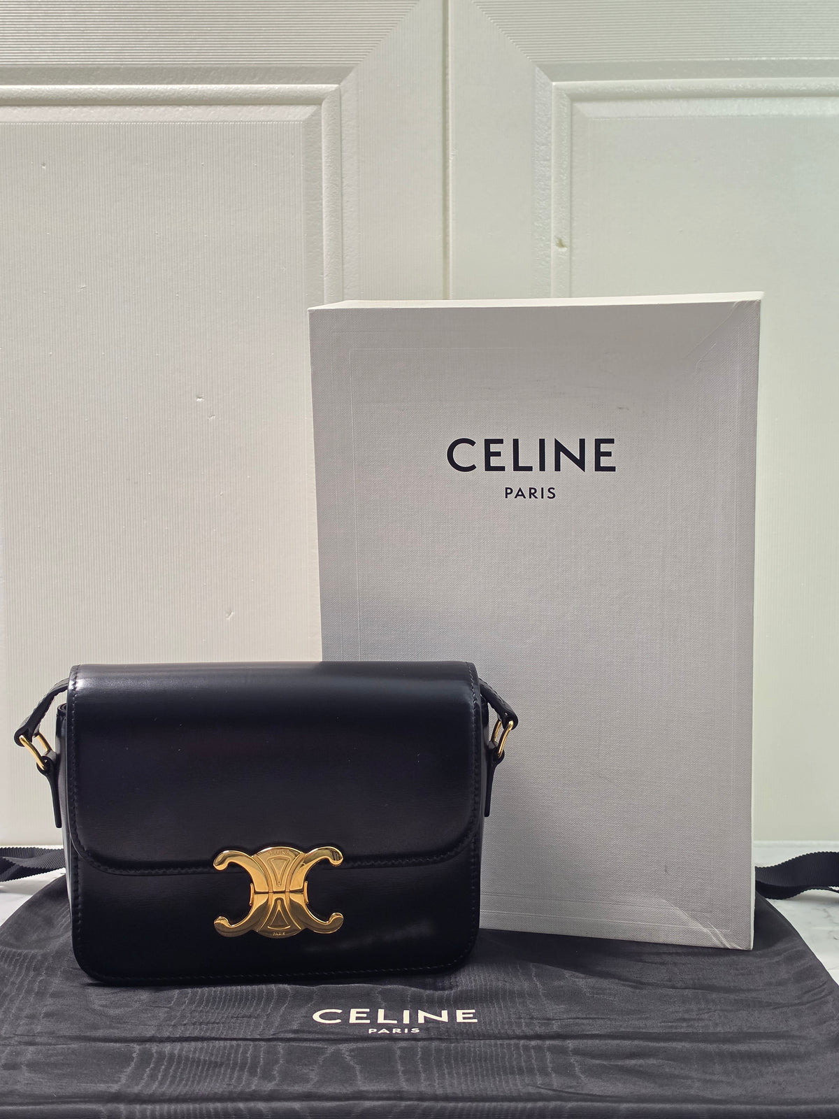 Celine Triomphe Teen Black Shiny Calfskin