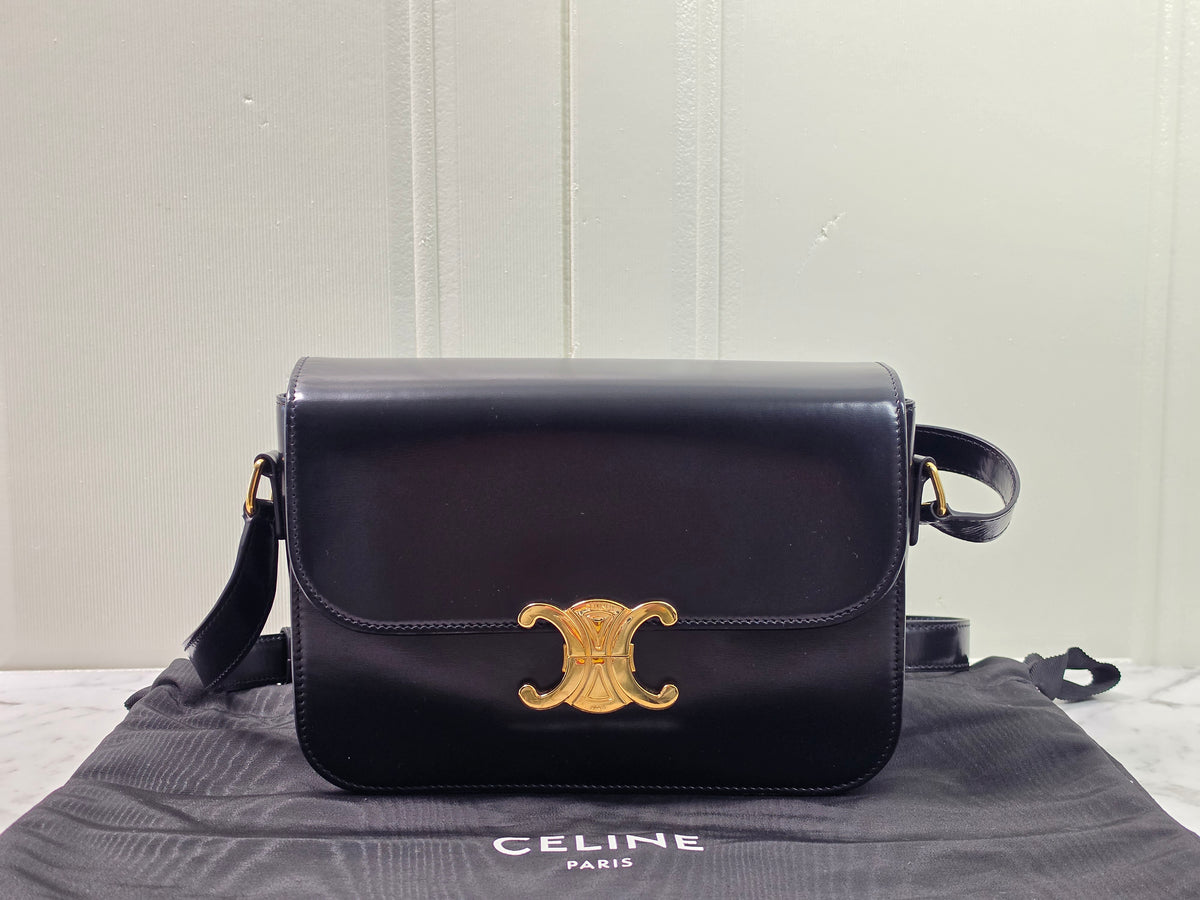 Celine Triomphe Medium, Black Shiny Calfskin