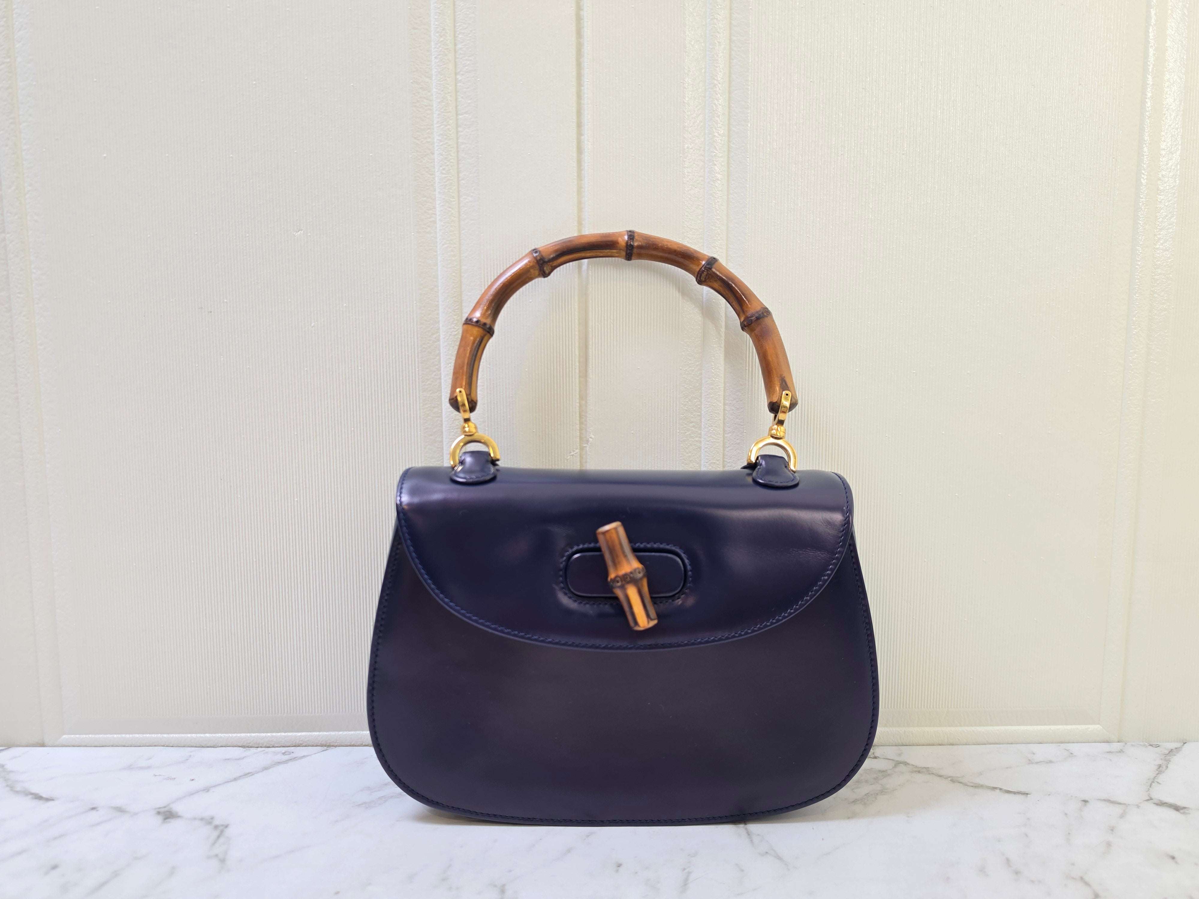 Gucci Bamboo Navy Blue Leather Top Handle Bag