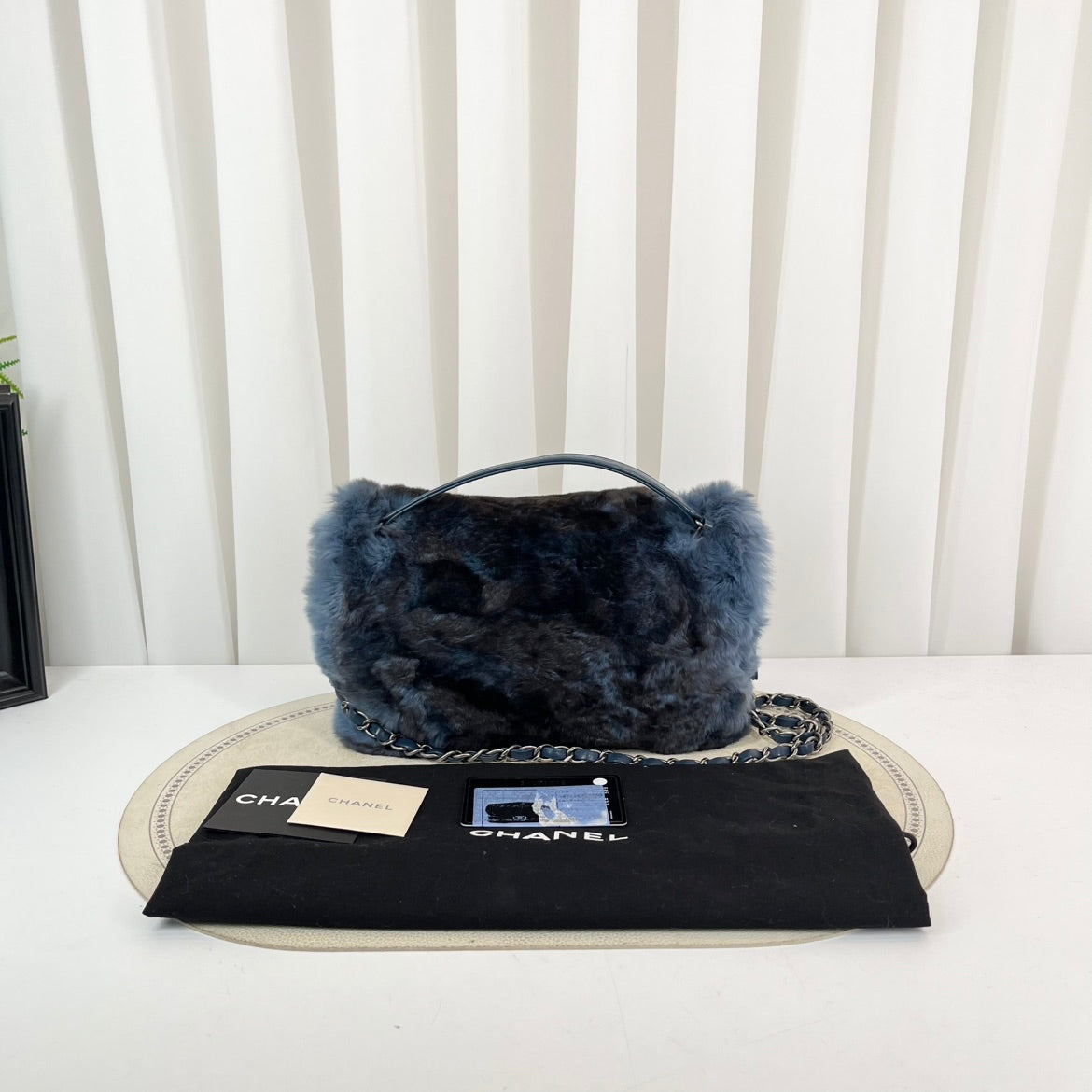 Chanel 17 Flap Bag Blue Shearling & Lambskin Chain Shoulder Bag