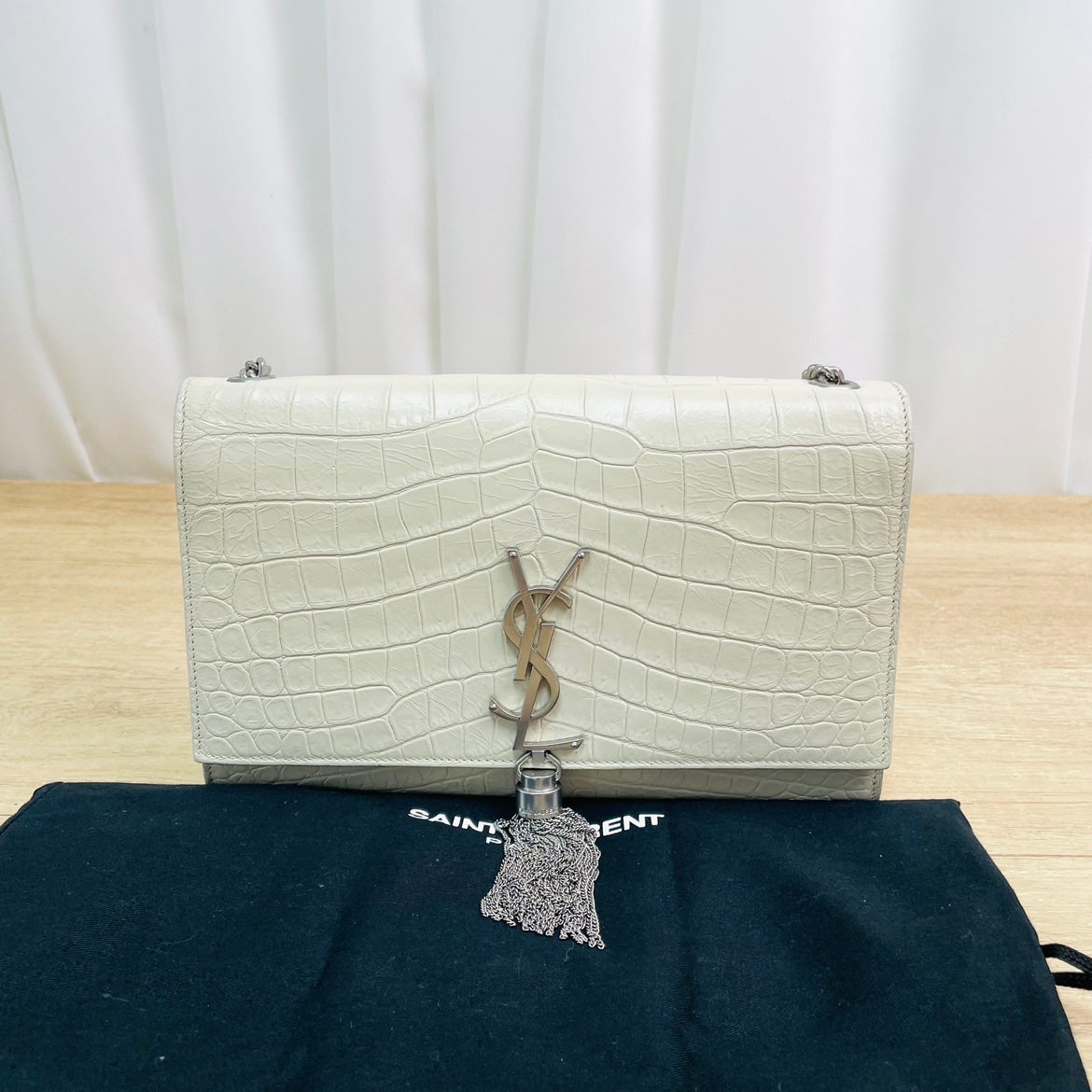 Saint Laurent Kate Tassel Chain Bag – Blanc Vintage Croc-Embossed