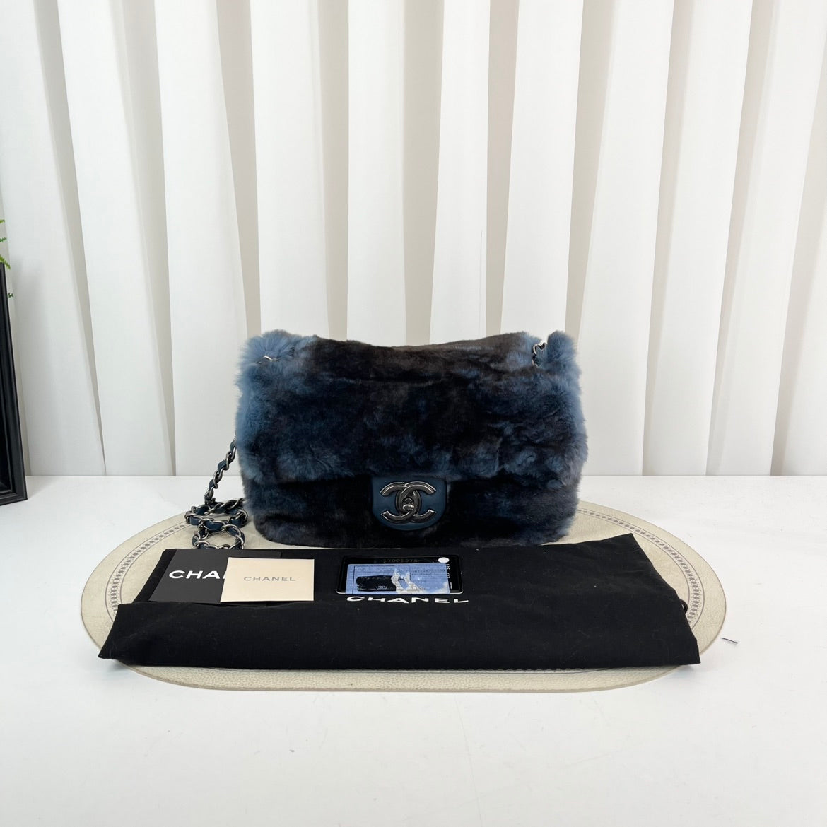 Chanel 17 Flap Bag Blue Shearling & Lambskin Chain Shoulder Bag