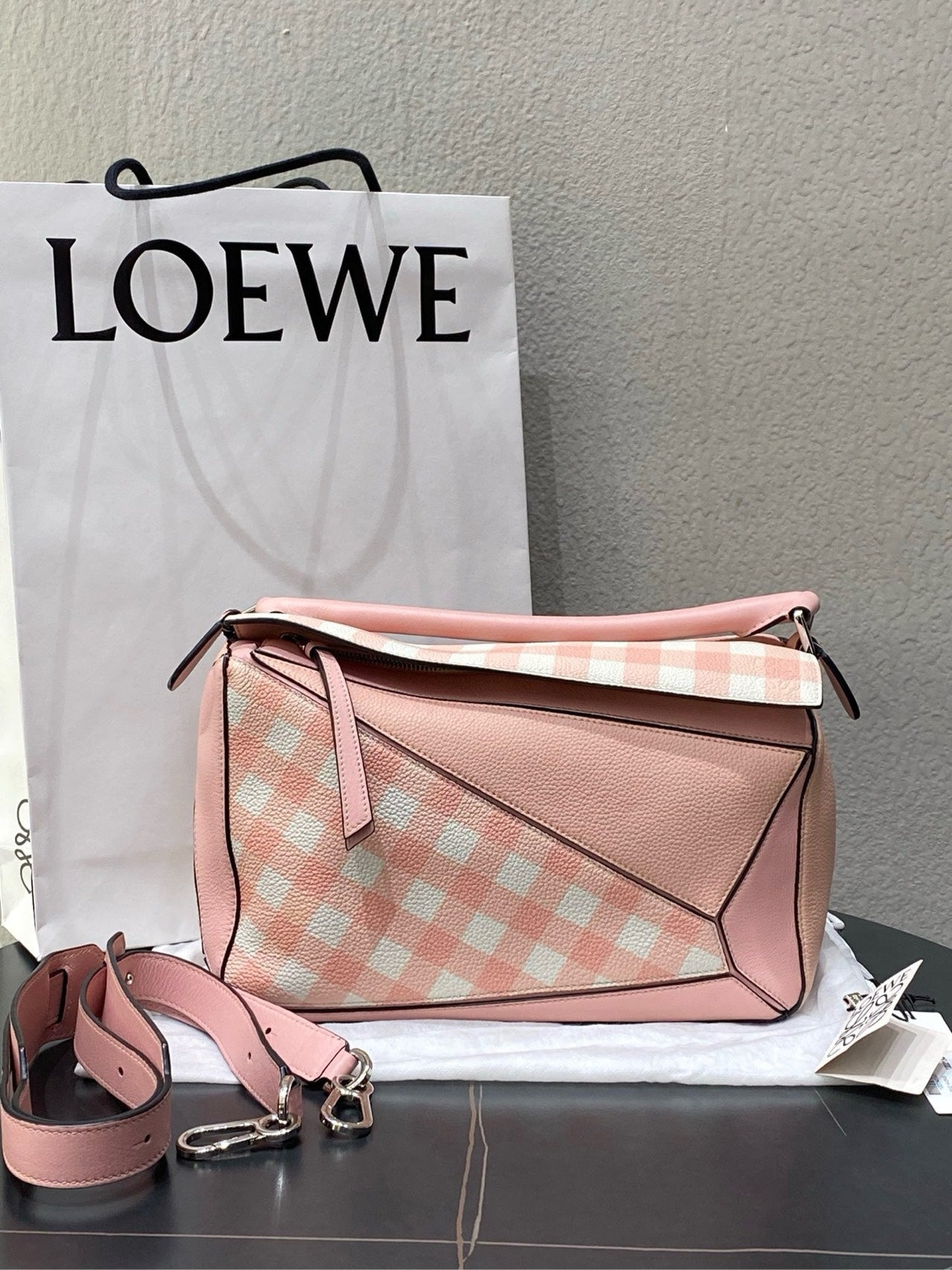 Loewe Puzzle Medium Soft Pink Gingham – Excellent Condition